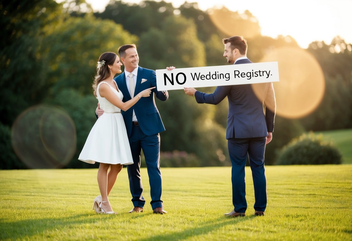 A couple pointing to a sign with a crossed-out gift box, indicating no wedding registry