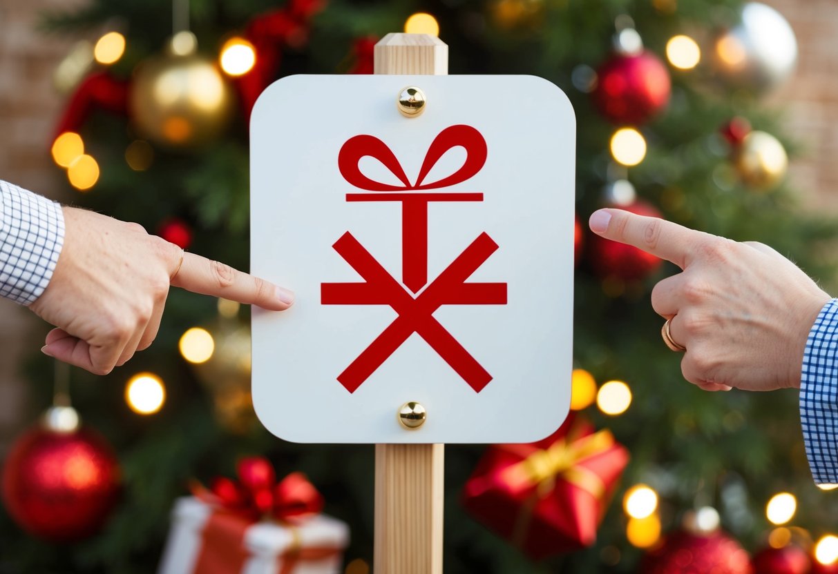 A couple pointing to a sign with a crossed-out gift box symbol, surrounded by festive decorations