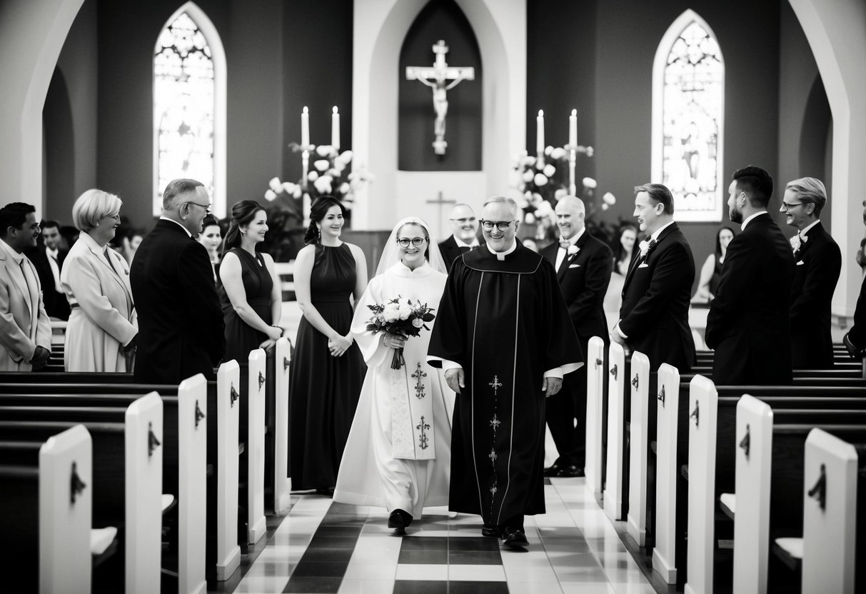 A group gathers in a church, practicing walking down the aisle and standing in formation. The priest or officiant leads the group through the ceremony