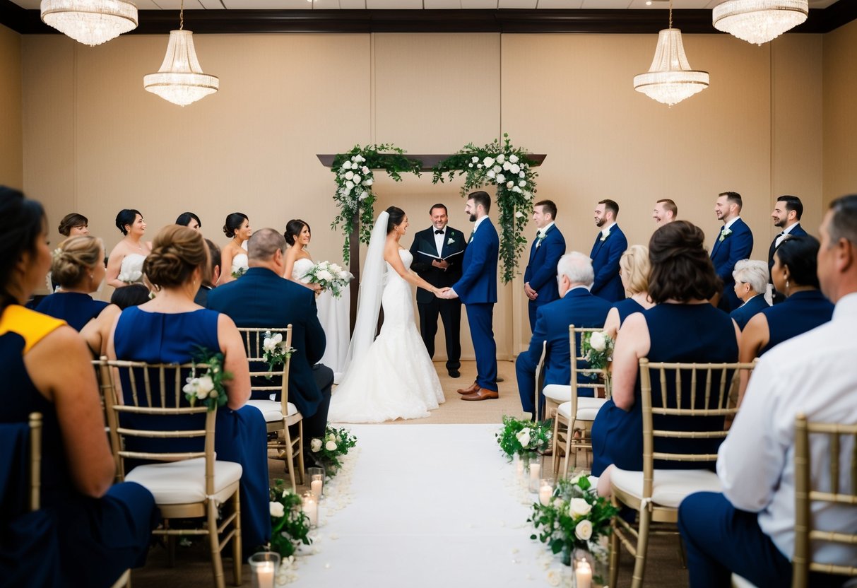 A wedding rehearsal takes place in a decorated venue with seating, an aisle, and an altar. A couple stands at the front, while others gather to watch and participate
