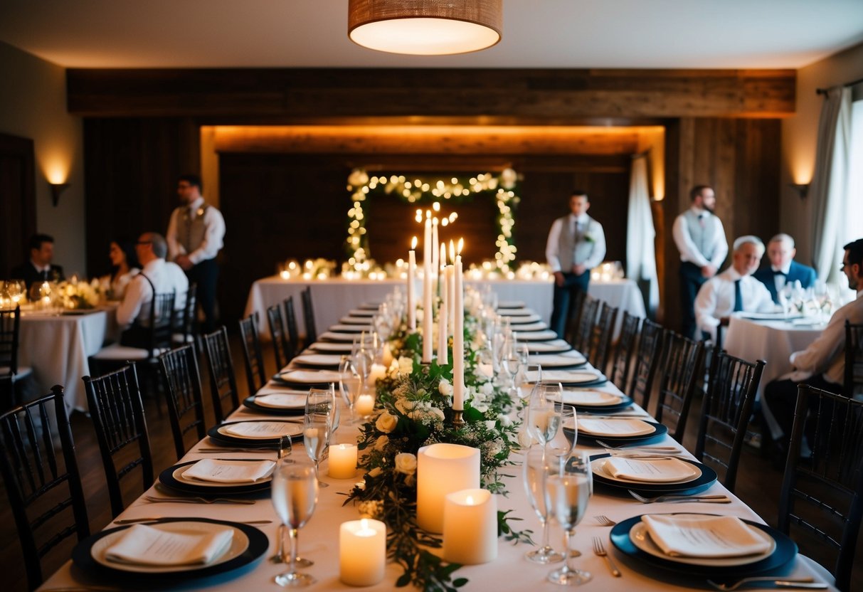 A wedding rehearsal taking place in a cozy, candlelit venue with a long table set for a celebratory dinner
