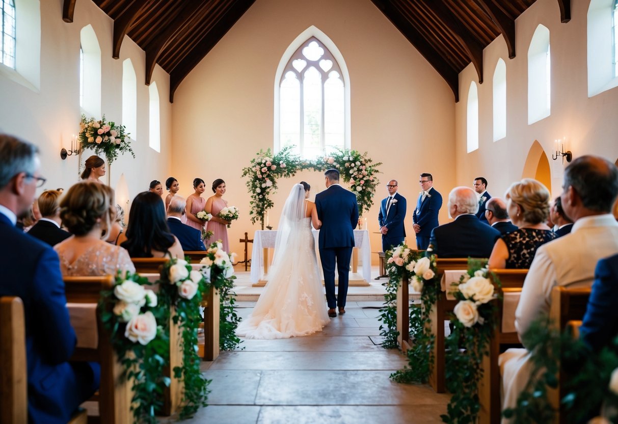 A wedding rehearsal taking place in a rustic church with floral decorations and soft lighting