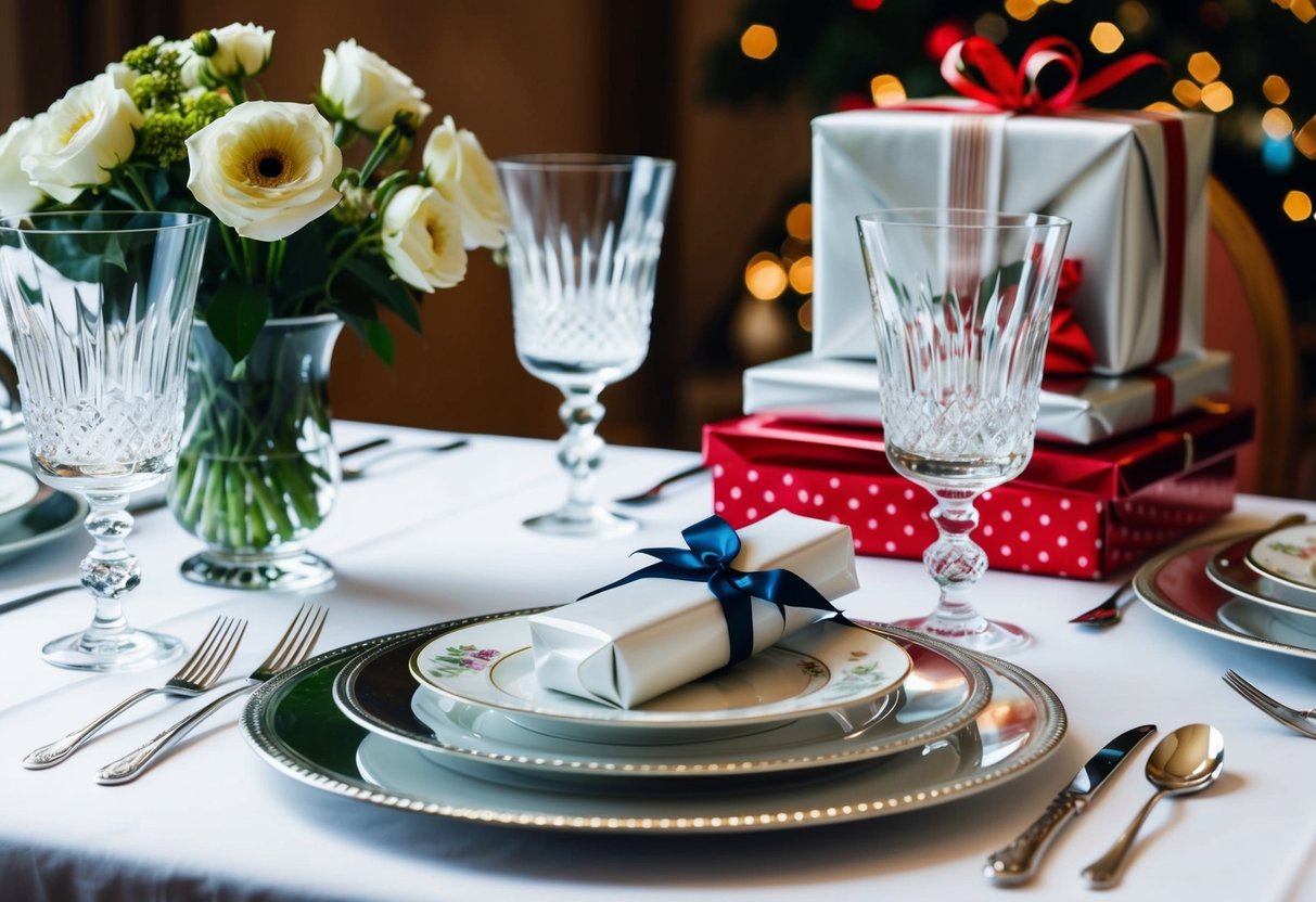 A table set with fine china, crystal glasses, and silverware. A vase of fresh flowers and a stack of wrapped gifts