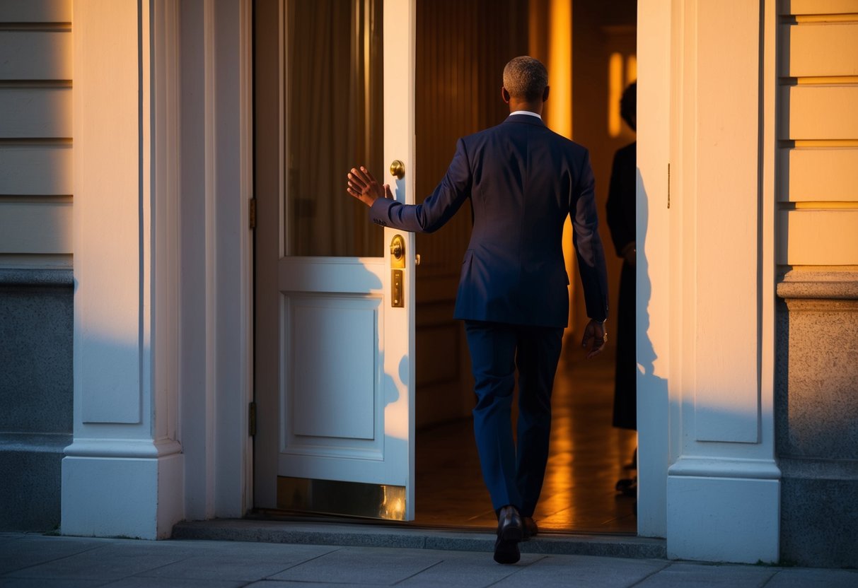 A figure in formal attire gracefully exits through an open door, the warm glow of the setting sun casting long shadows on the pavement outside