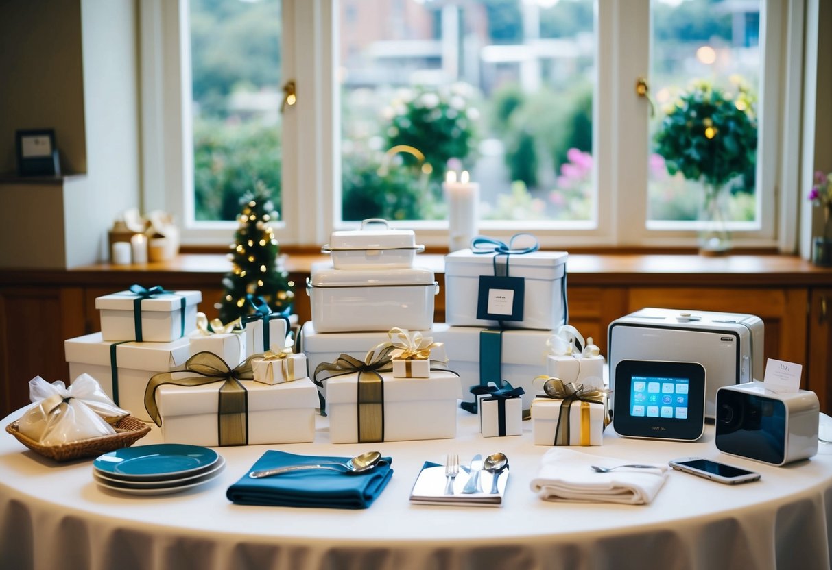 A table with various wedding gifts, including kitchenware, linens, and electronics, displayed in an organized and attractive manner