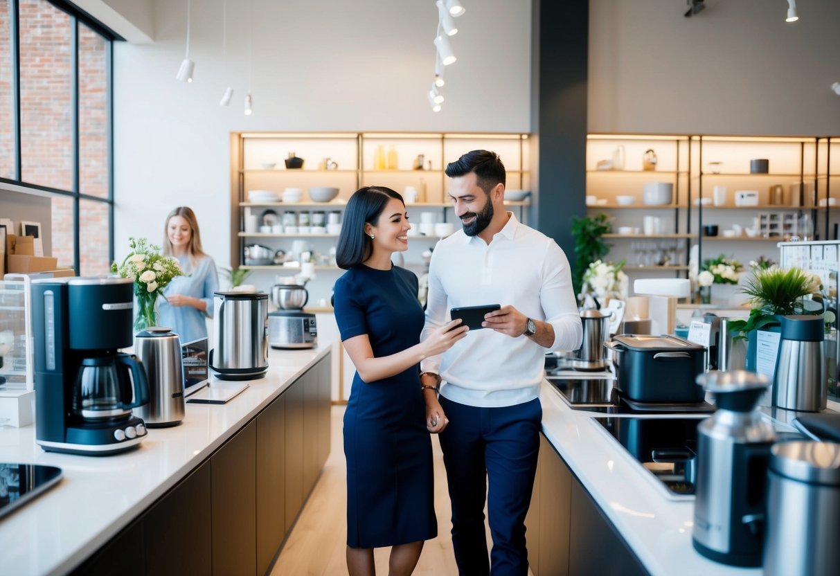 A modern couple browsing through a variety of sleek and stylish home goods, kitchen appliances, and tech gadgets at a contemporary registry store