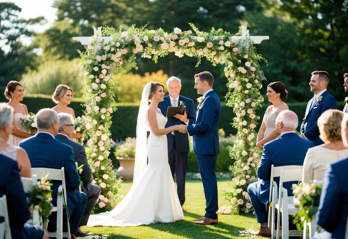 A couple stands under a flower arch in a sunlit garden, exchanging vows as guests look on. The ceremony is filled with laughter and tears, lasting around 30 minutes