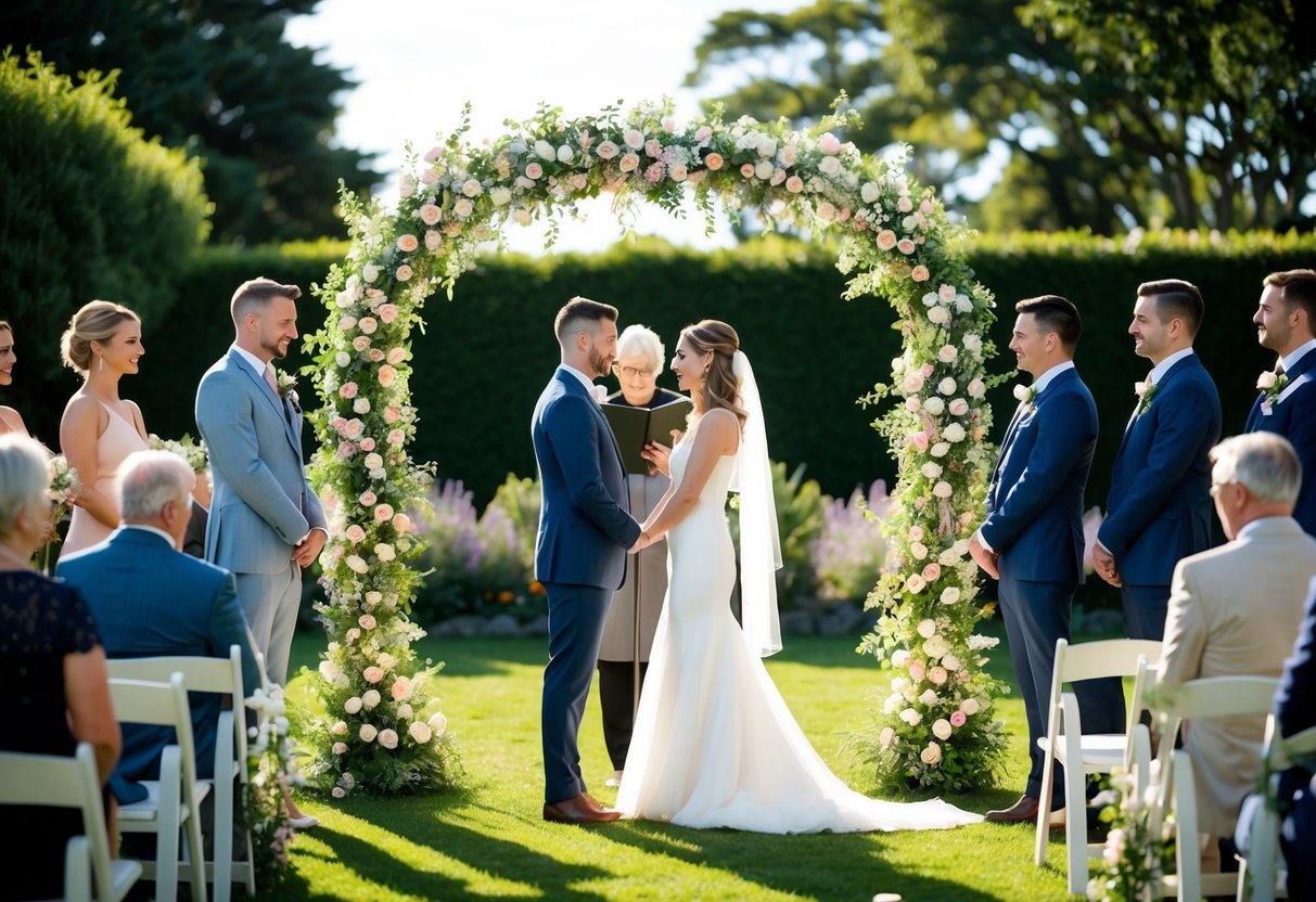 A couple stands beneath a floral arch in a sunlit garden, surrounded by loved ones. A celebrant leads the ceremony, speaking words of love and commitment