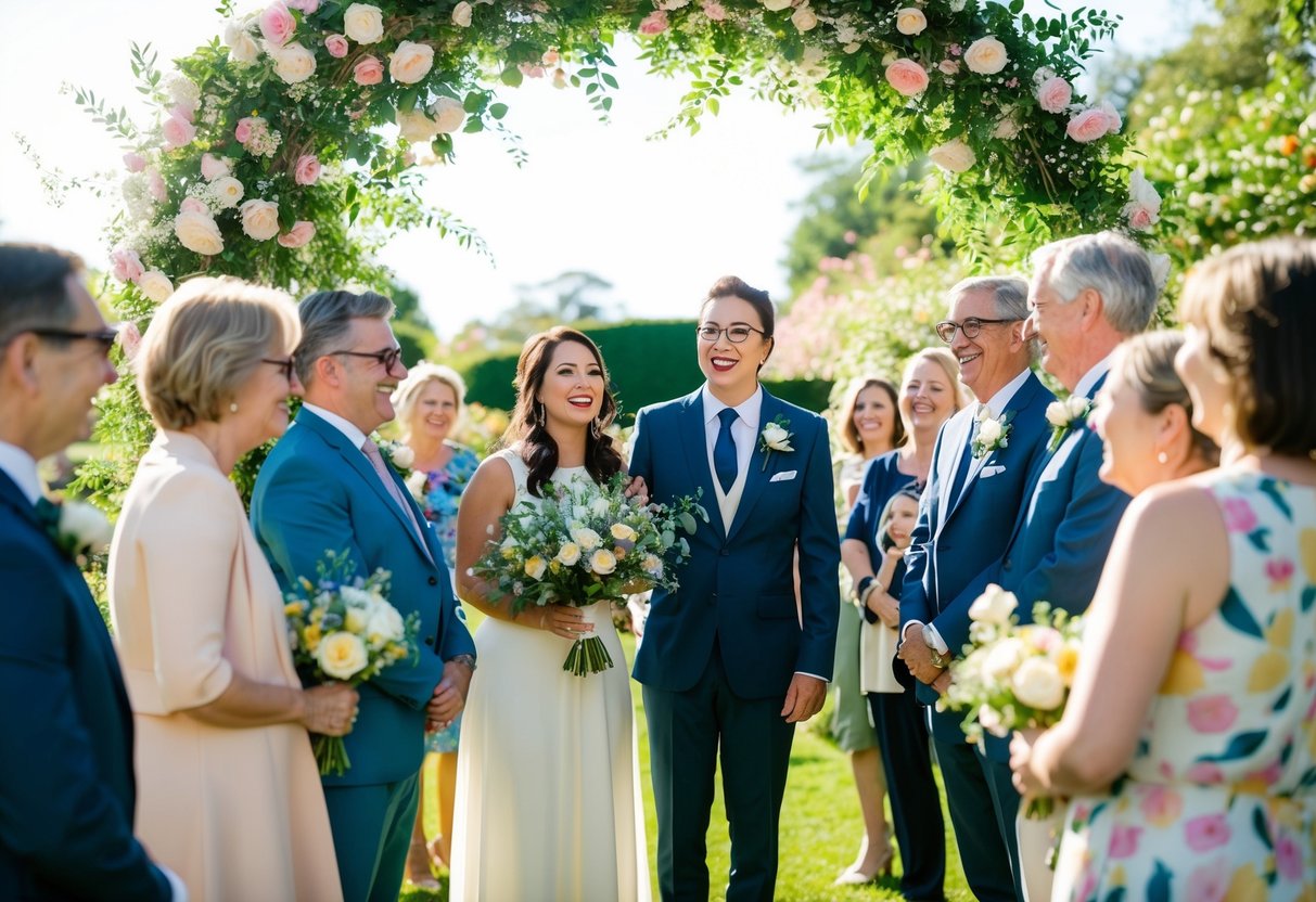 A celebrant stands beneath a flower-covered arch in a sunlit garden, surrounded by smiling guests. A gentle breeze carries the sound of laughter and the scent of fresh blooms