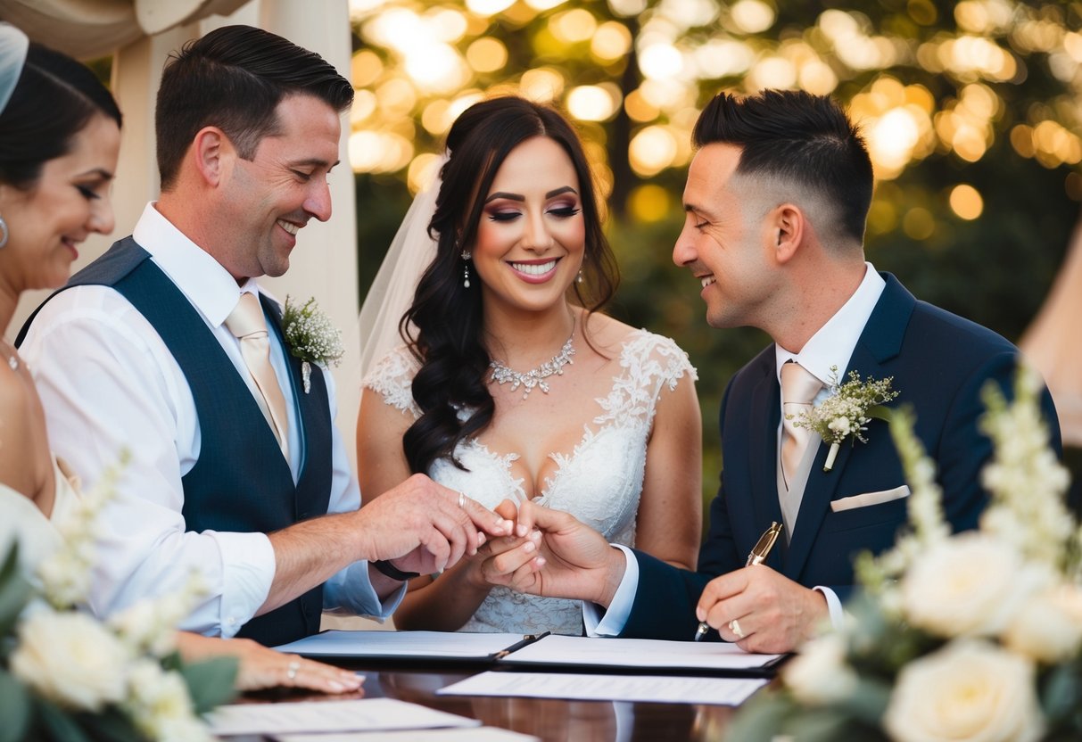 A celebrant wedding ceremony unfolds with a couple exchanging vows, rings, and a kiss, followed by signing the marriage certificate