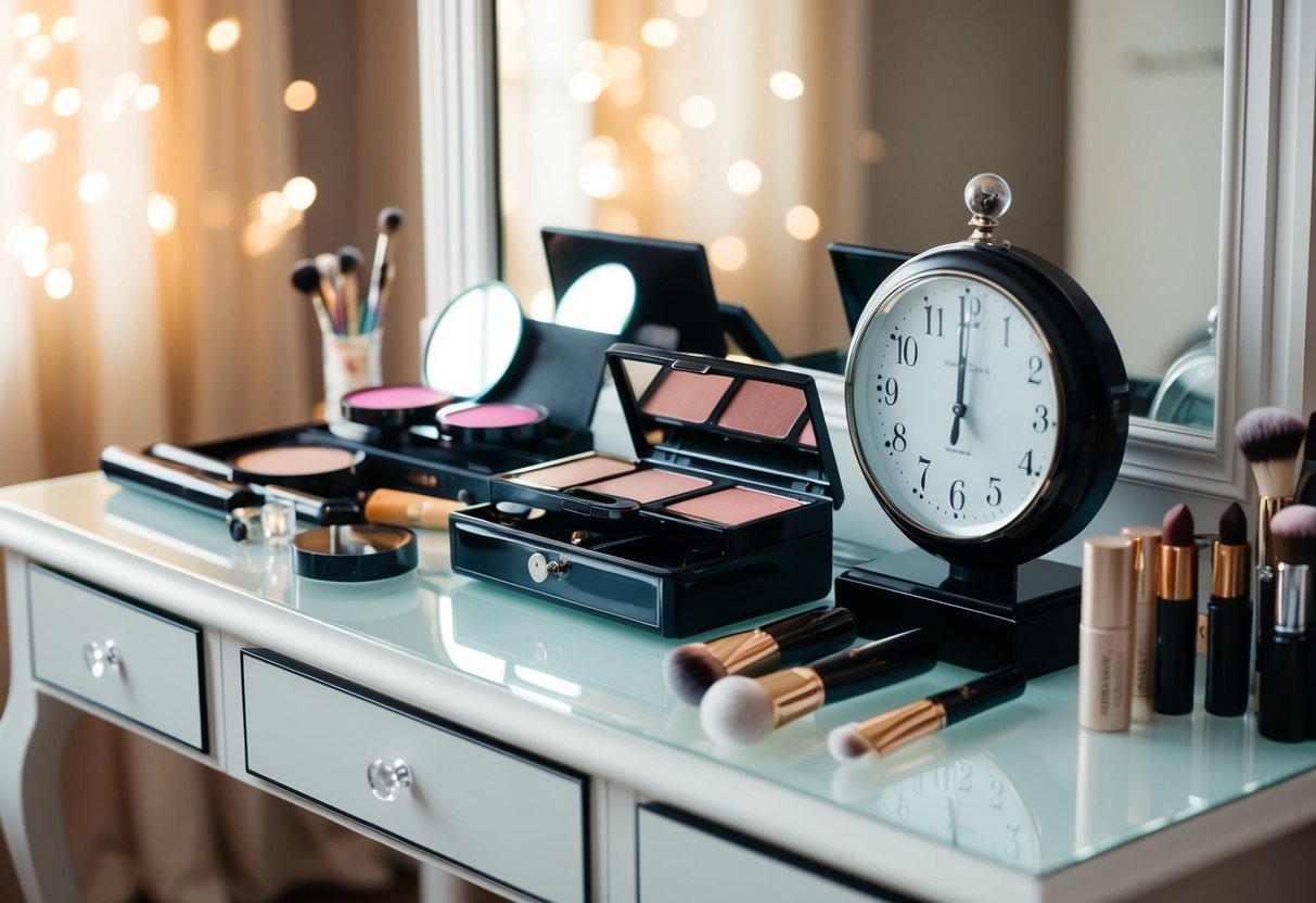 A bride's accessories and makeup laid out on a vanity, with a clock showing the time as early morning