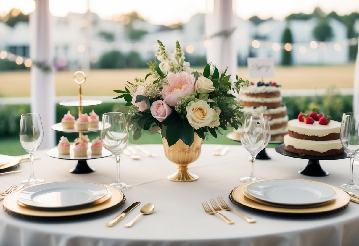 A table set with elegant place settings, a bouquet of flowers, and a display of fancy desserts for a bridal shower celebration