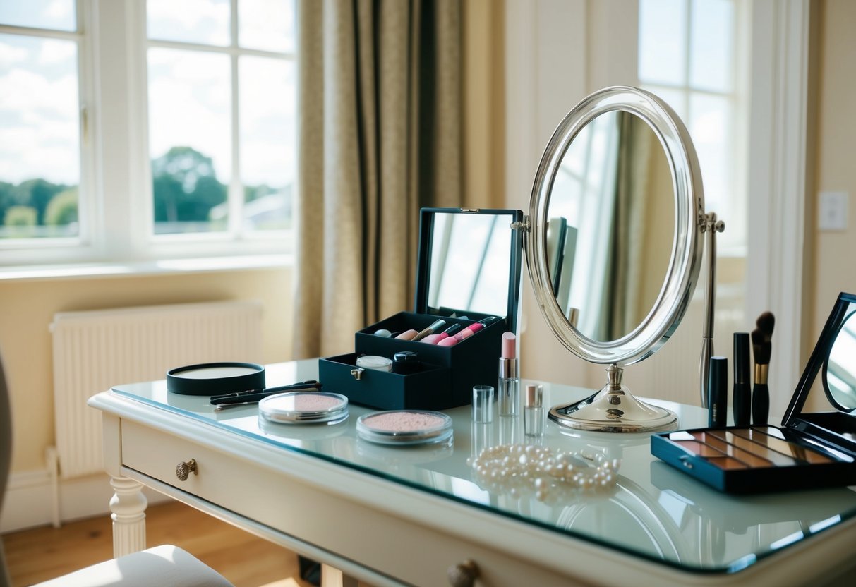 A sunlit room with a makeup table, mirror, and elegant bridal accessories laid out neatly on the table