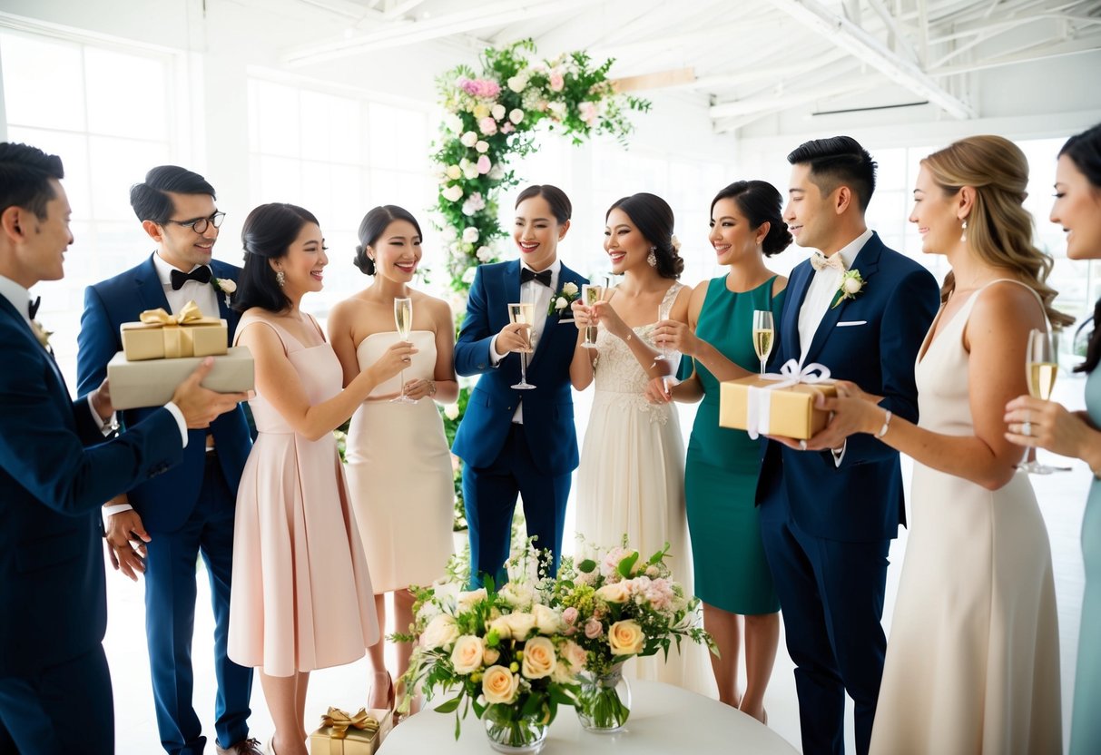 A group of elegantly dressed individuals gather in a bright and airy venue with floral decor, sipping on champagne and exchanging gifts