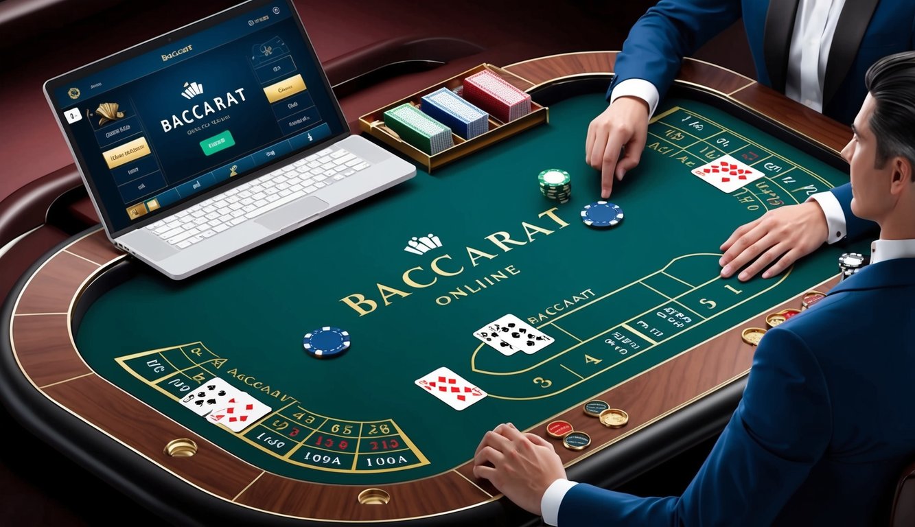 Situs baccarat online dengan dealer langsung, menampilkan antarmuka yang ramping dan modern dengan meja permainan virtual dan kartu digital