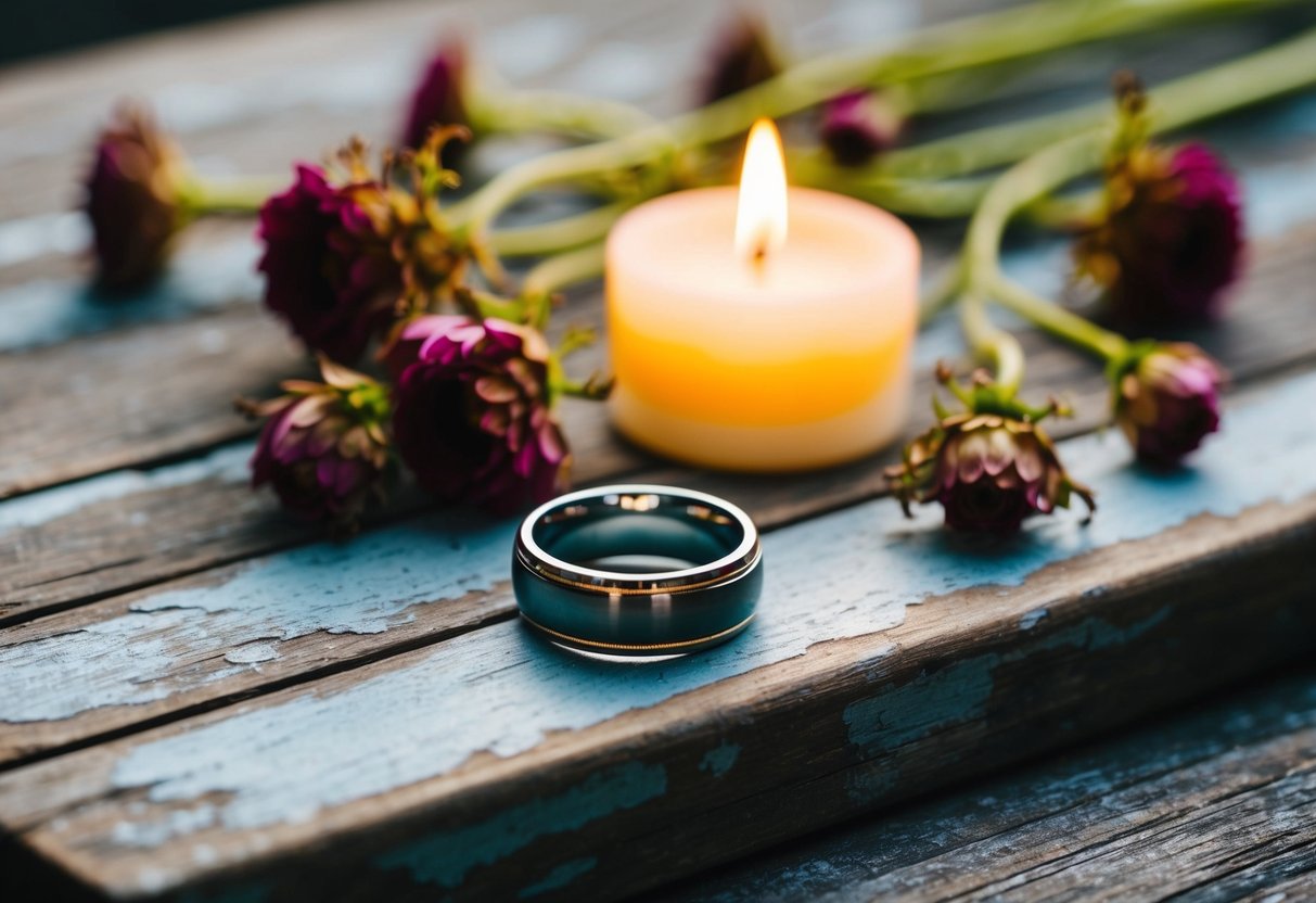 A wedding ring resting on a weathered wooden surface, surrounded by wilted flowers and a flickering candle
