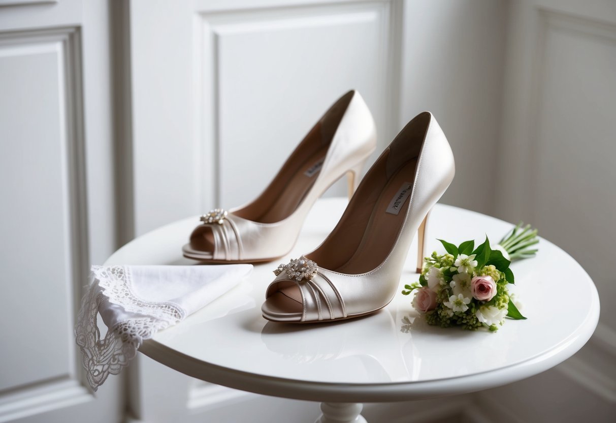 A pair of elegant high heels sits next to a delicate lace handkerchief on a pristine white table. A small bouquet of fresh flowers adds a final touch to the scene