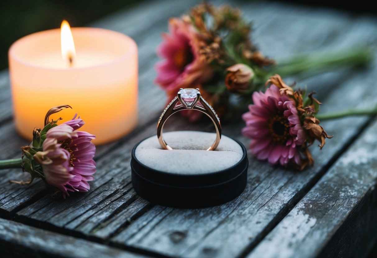 A wedding ring placed on a weathered wooden surface, surrounded by wilted flowers and a flickering candle