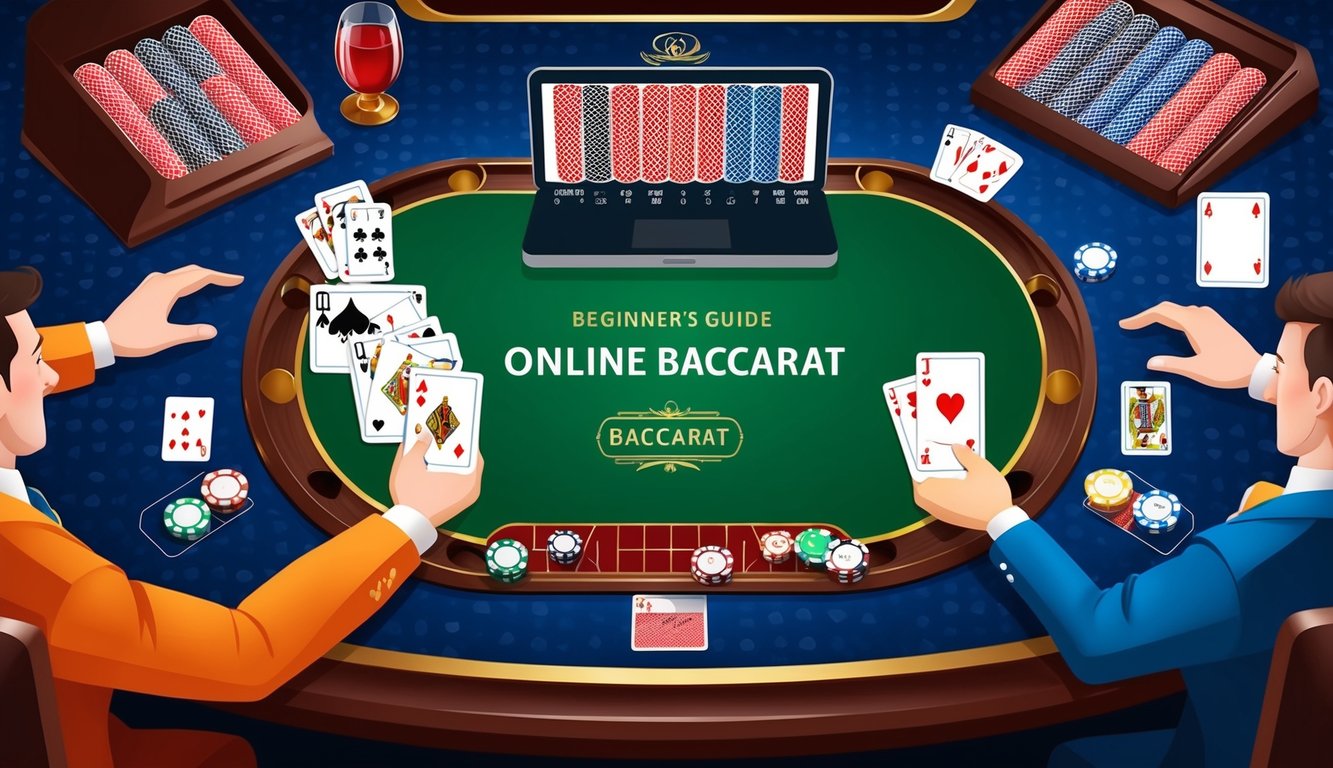 Panduan pemula untuk bermain baccarat online, dengan perangkat digital dan kartu di meja