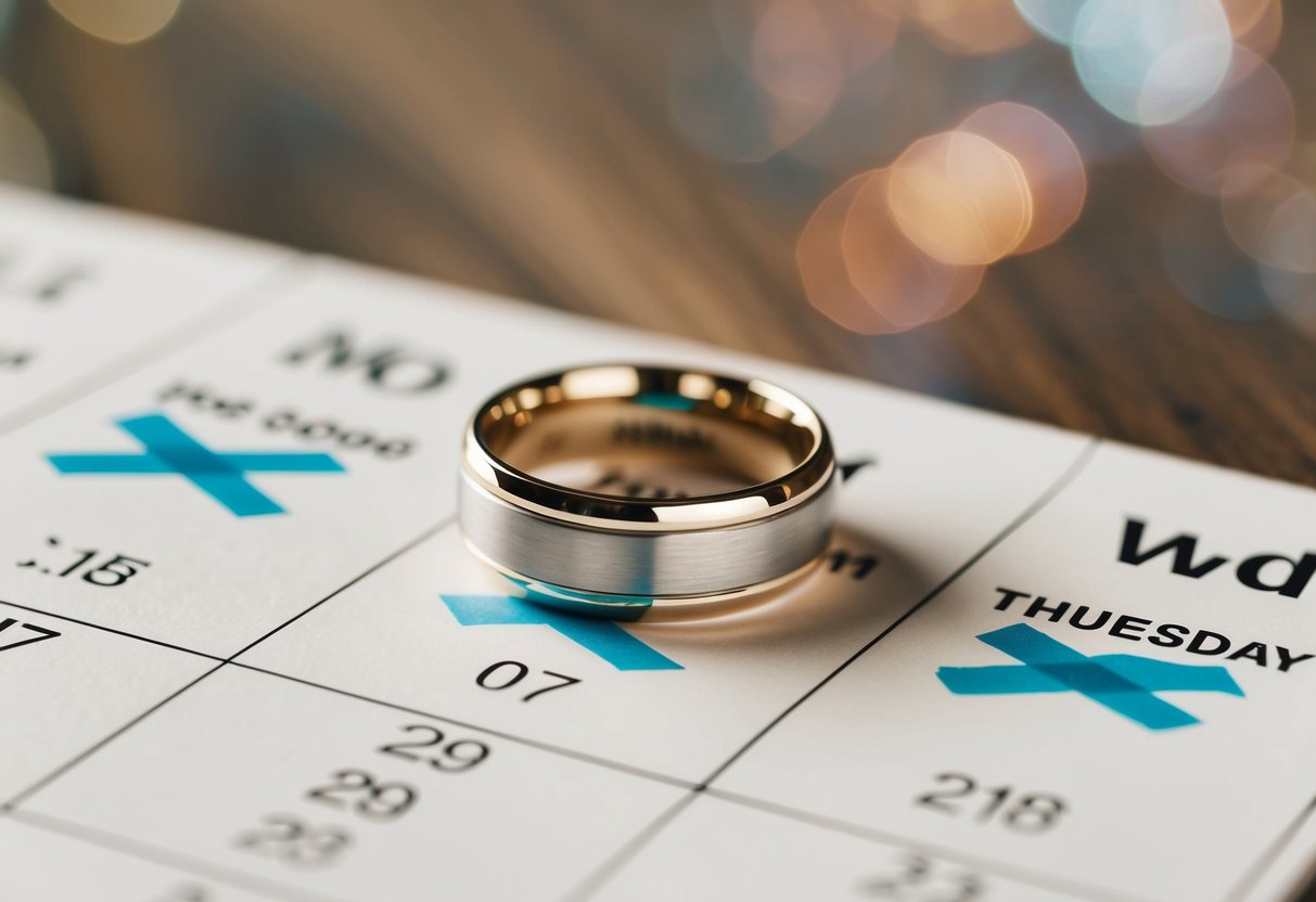 A wedding ring placed on a calendar, with dates crossed out