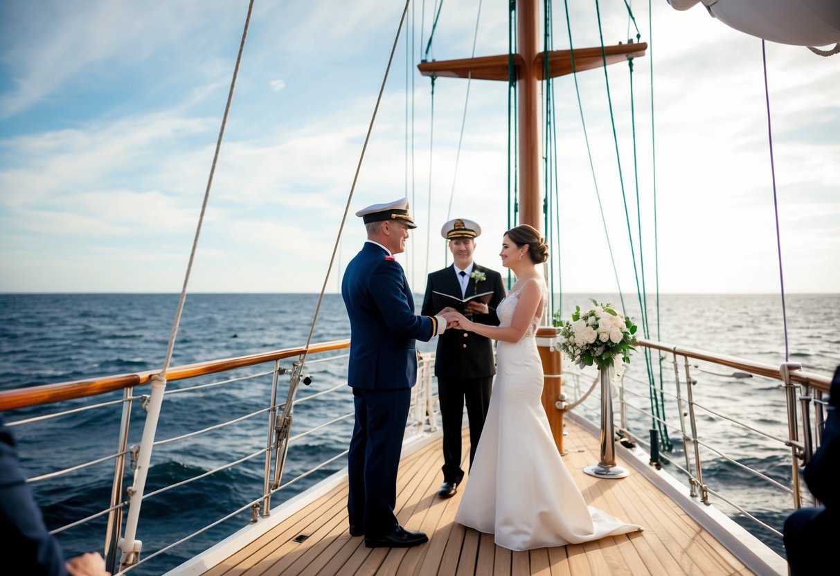 A ship's captain officiates a wedding ceremony on the deck of a sailing vessel, surrounded by the vast expanse of the open sea