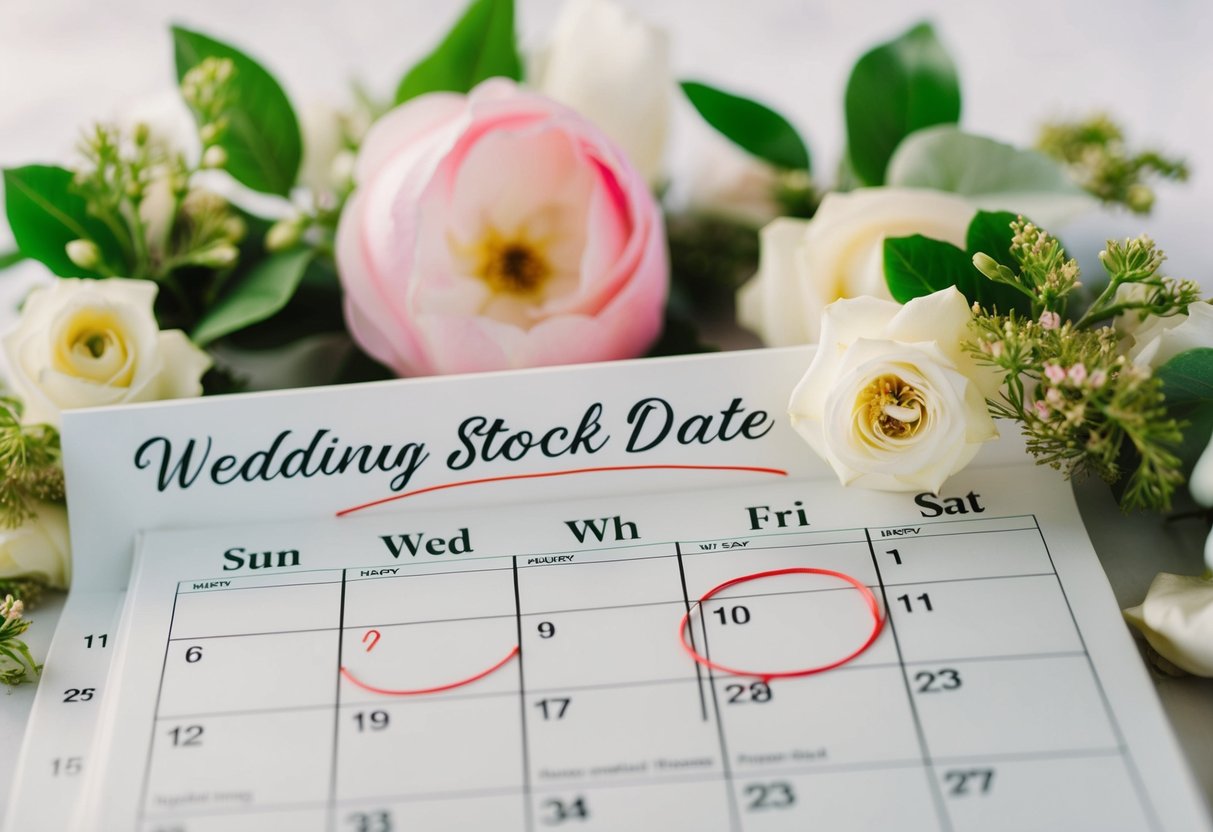 A calendar with a wedding date circled and surrounded by floral decorations