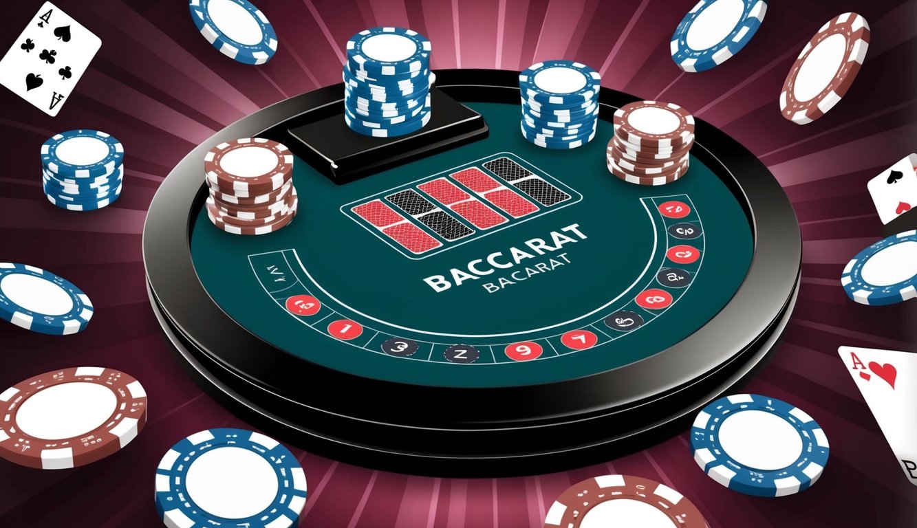 Sebuah meja baccarat online yang ramping dan modern dengan peluang tinggi, dikelilingi oleh chip dan kartu virtual, dengan latar belakang yang bergaya