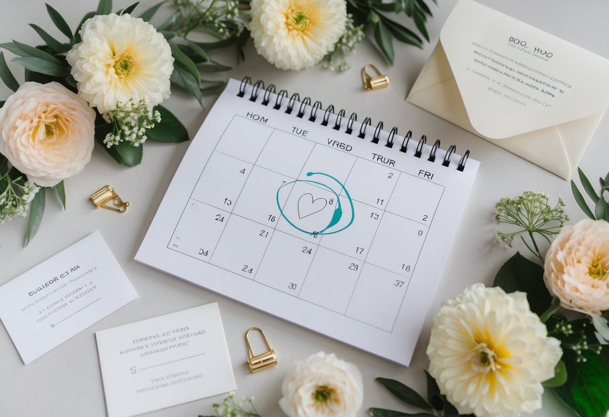 A calendar with a wedding date circled, surrounded by floral decorations and an open invitation envelope