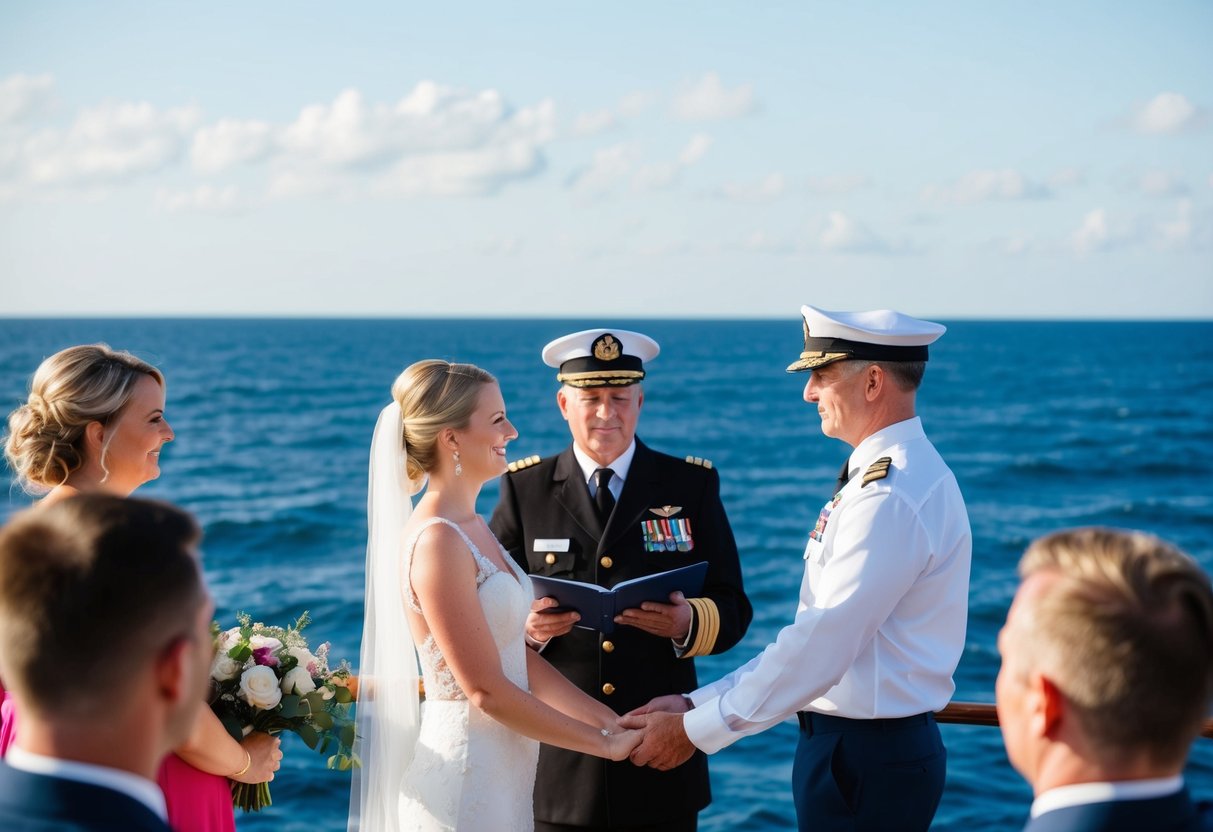 A ship captain officiates a wedding ceremony at sea, surrounded by the vast ocean and a clear sky