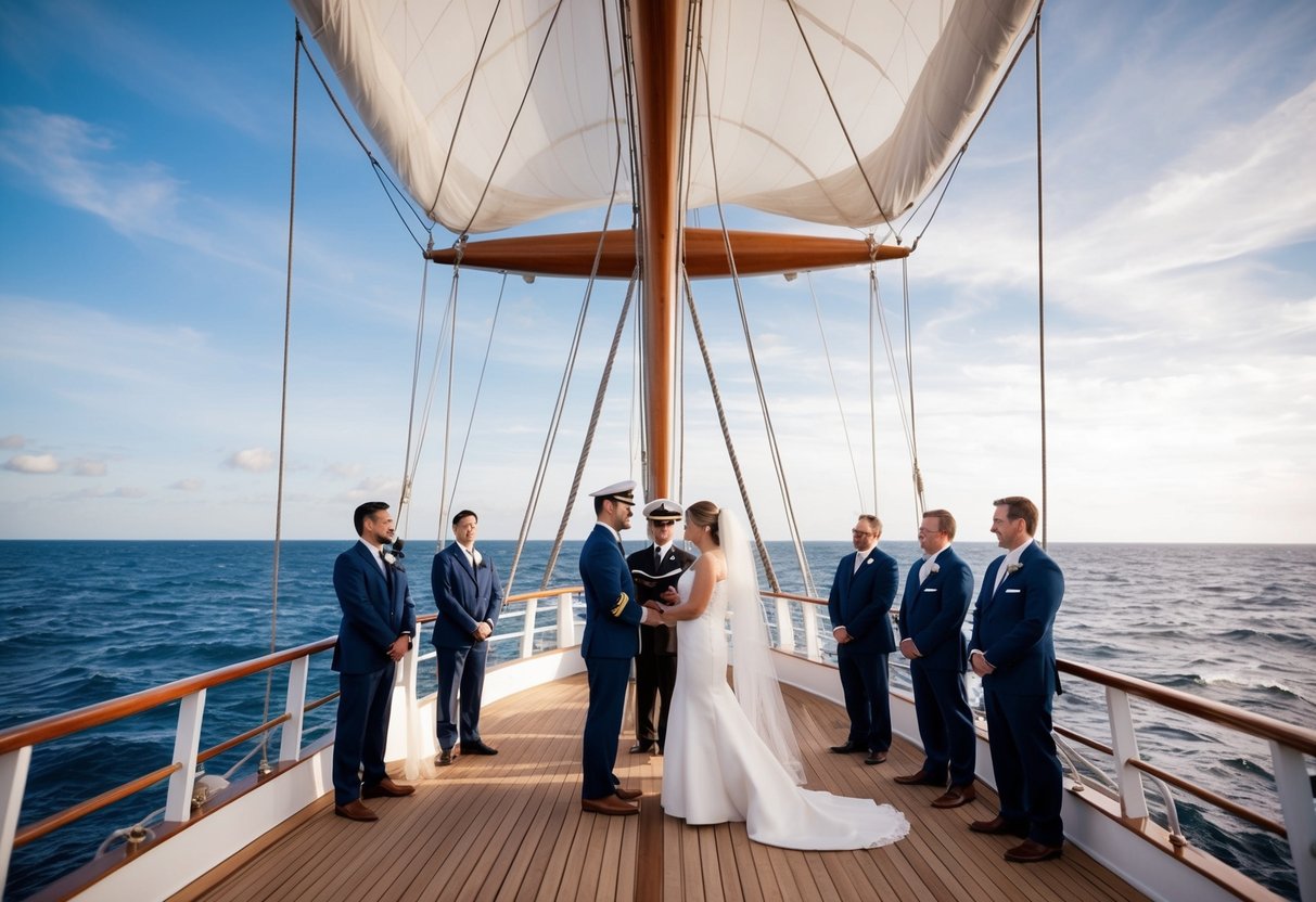 A ship's captain officiates a wedding ceremony on the deck of a sailing vessel, surrounded by the vast expanse of the open sea