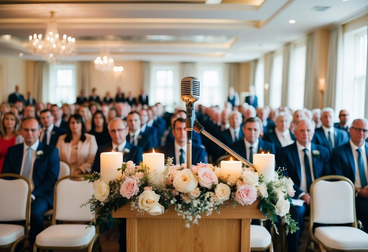 A microphone stands on a podium, surrounded by flowers and candles. The room is filled with expectant faces, chairs arranged in neat rows