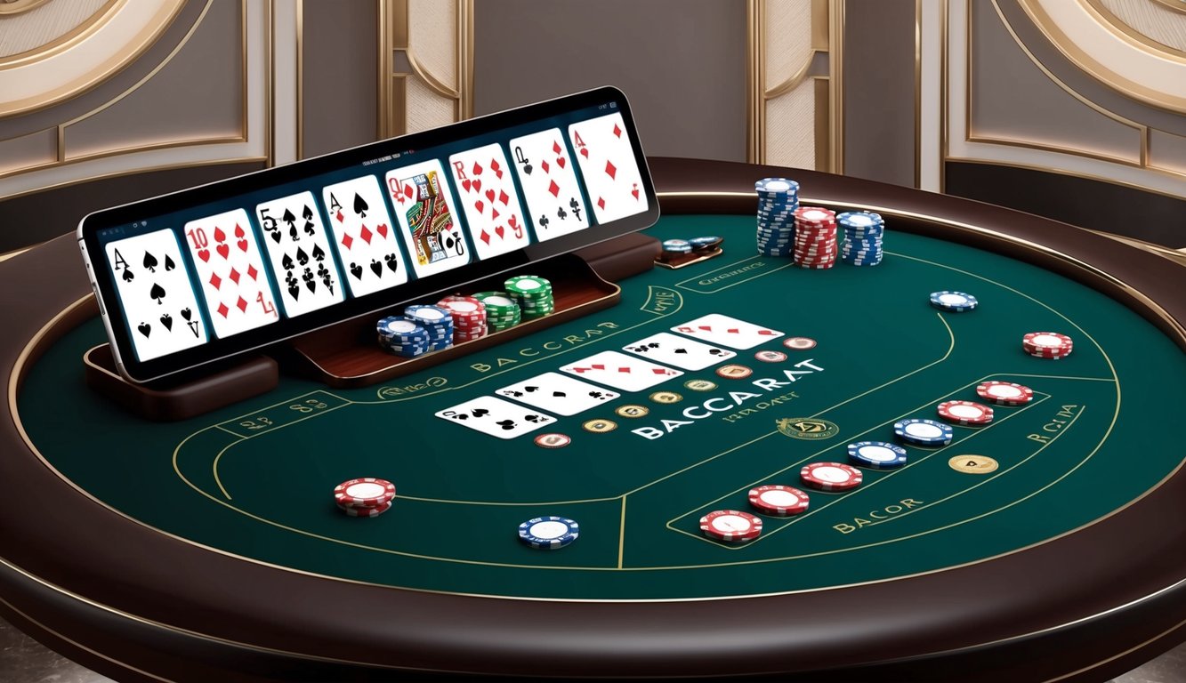 Sebuah meja baccarat online yang ramping dan modern dengan kartu dan chip virtual, diatur di latar belakang yang canggih