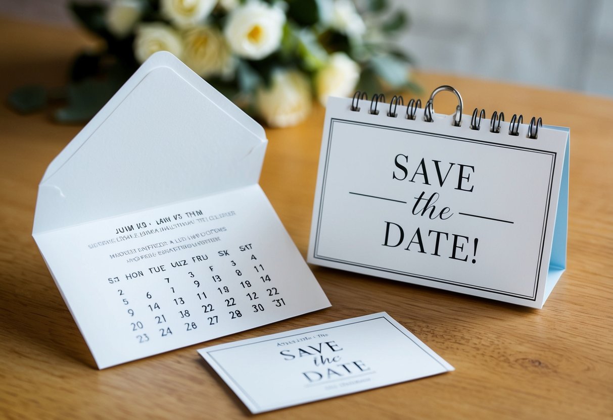 A wedding invitation being sent out with a calendar showing the date of the wedding and a "save the date" card