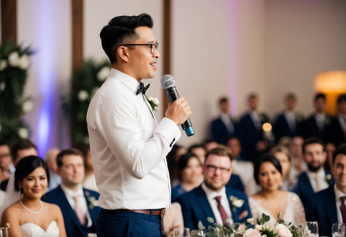 A person standing at a wedding reception, holding a microphone and addressing the crowd with a heartfelt speech
