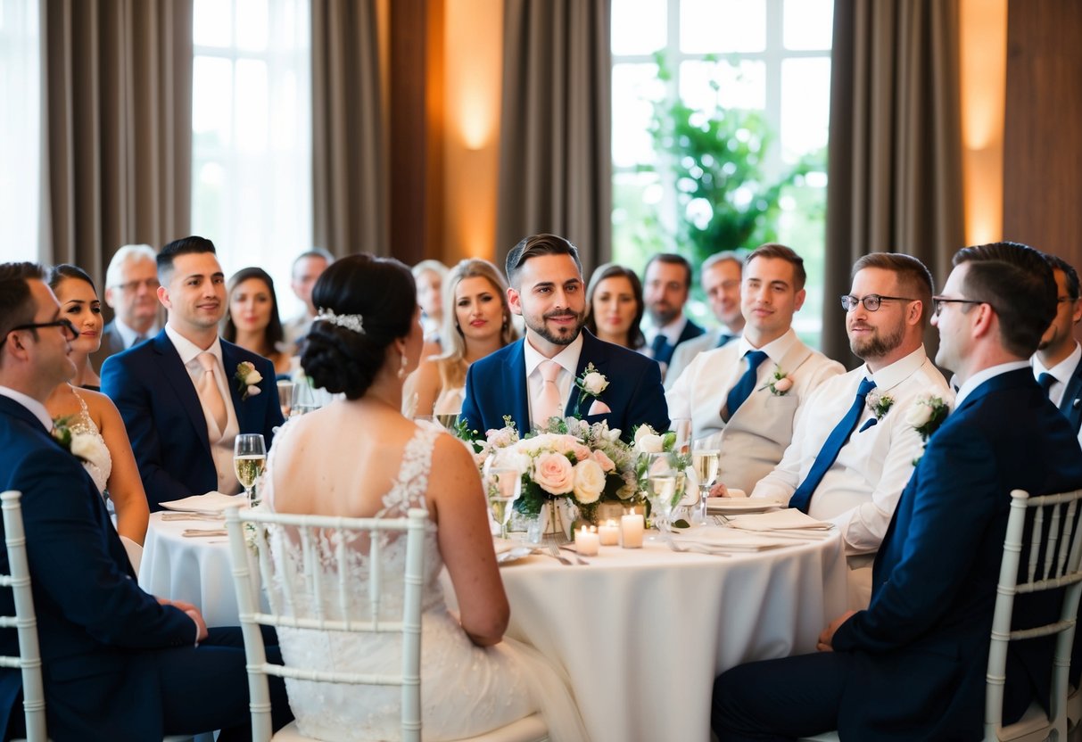 A group of people seated at a wedding reception, listening attentively as a speaker delivers a heartfelt and engaging speech