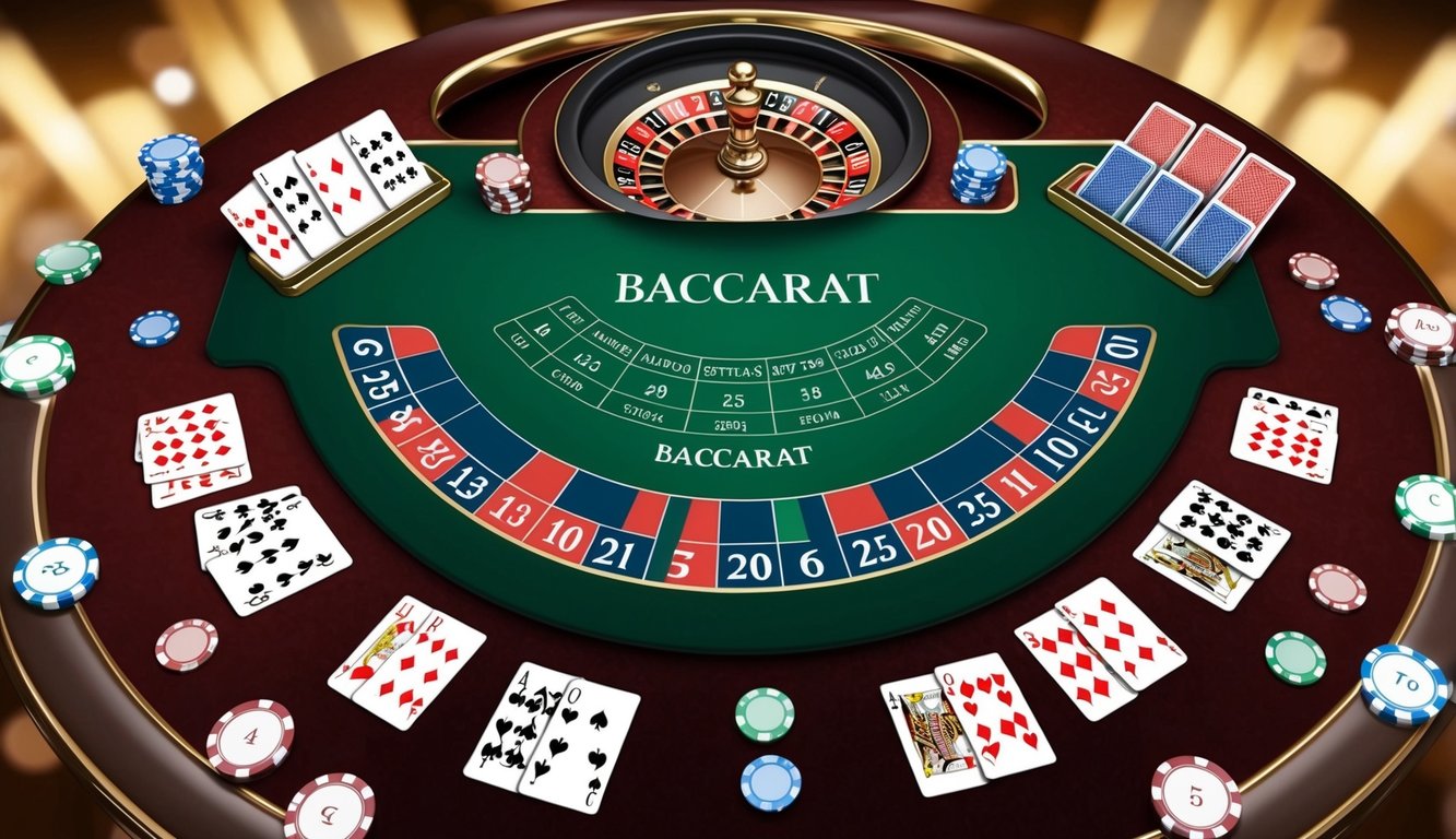 Sebuah meja baccarat online yang ramping dengan berbagai varian permainan, dikelilingi oleh kartu dan chip digital, dengan latar belakang virtual yang mewah