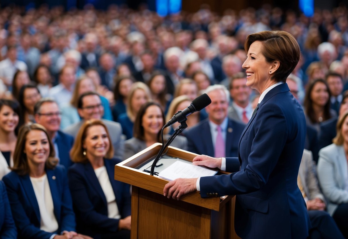 A person standing at a podium, speaking confidently to a crowd. The audience is engaged and smiling, with occasional laughter
