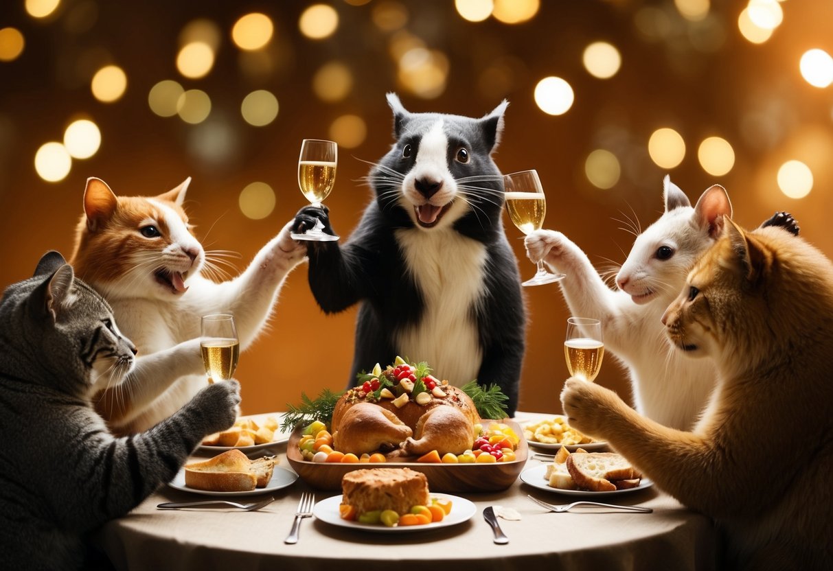 A group of animals gather around a table with a festive spread. One animal stands in the center, raising a toast while the others cheer and celebrate