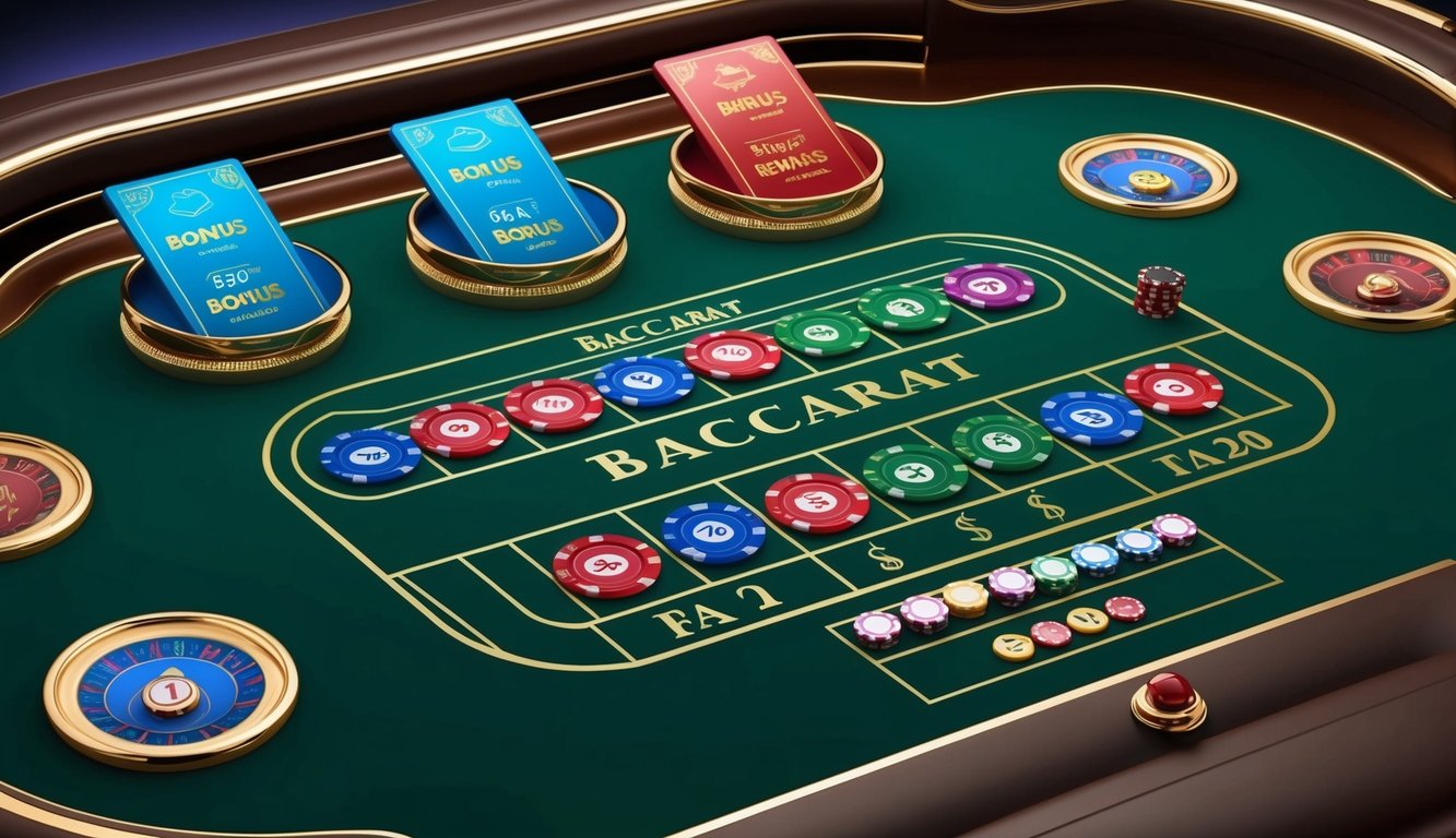 Sebuah meja baccarat mewah dengan hadiah bonus berwarna-warni yang ditampilkan di situs perjudian online yang ramping dan modern