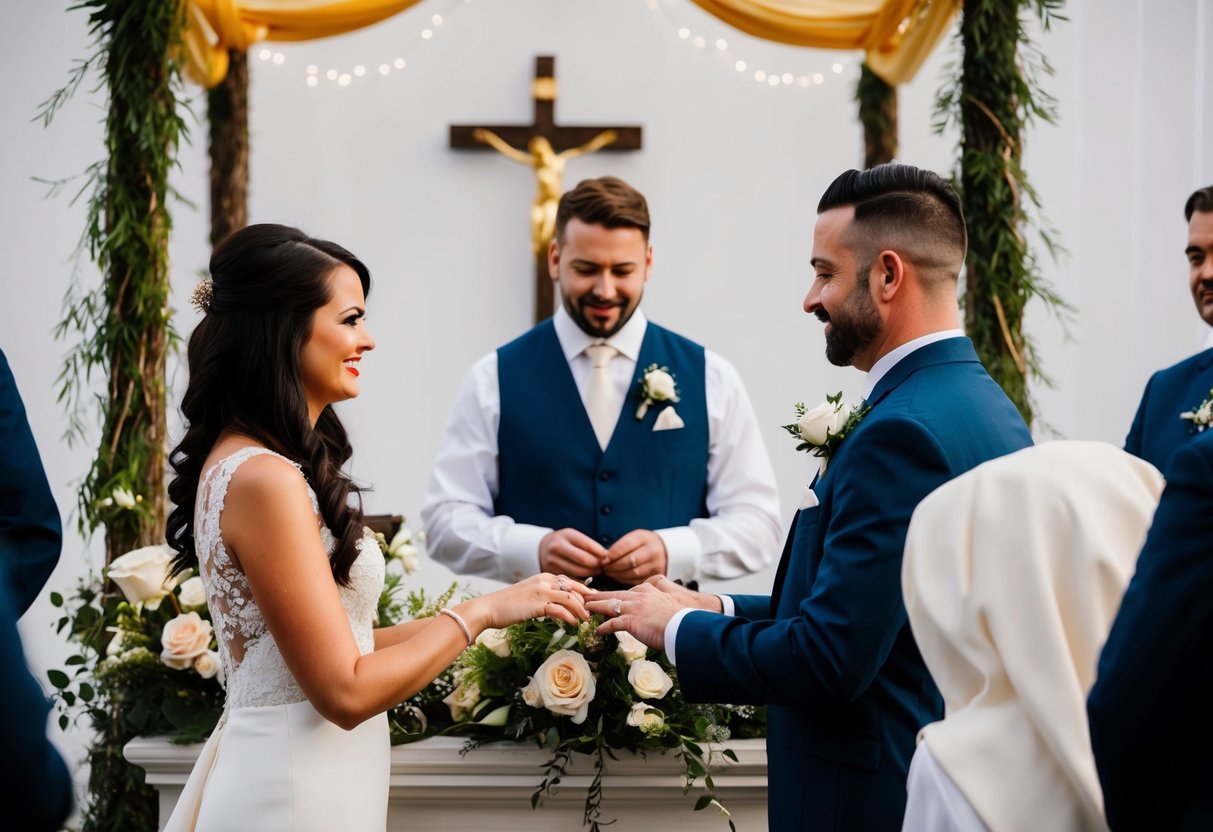 A friend stands at a decorated altar, overseeing a wedding ceremony. The couple stands before them, exchanging vows and rings