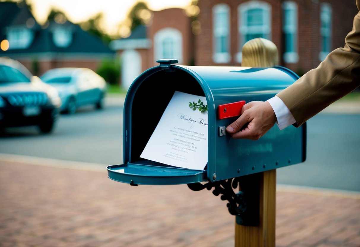 A mailbox with a wedding invitation being placed inside