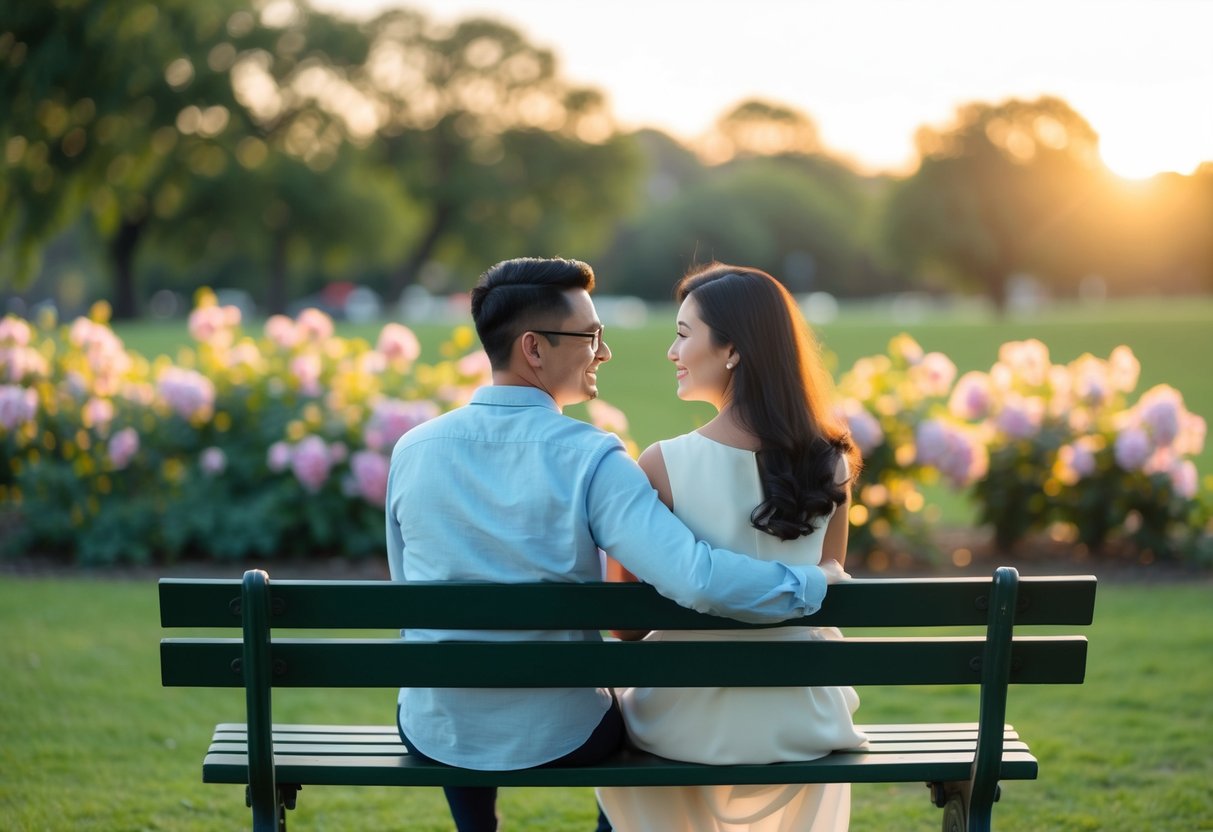 A couple sits on a park bench, surrounded by blooming flowers and a setting sun, gazing into each other's eyes with a sense of love and contentment