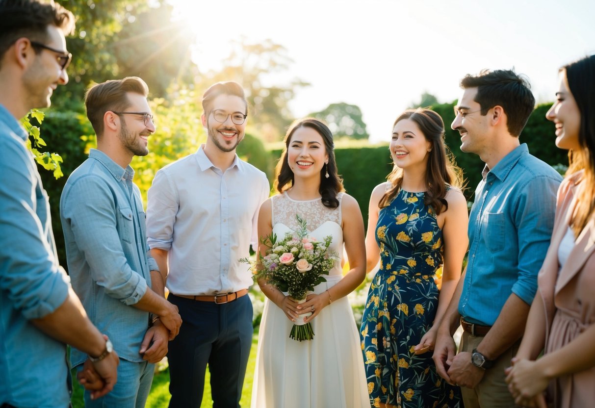 A group of friends gather in a garden, one friend stands in the center holding a bouquet, while others look on with smiles. The sun shines down on the scene, creating a warm and joyful atmosphere