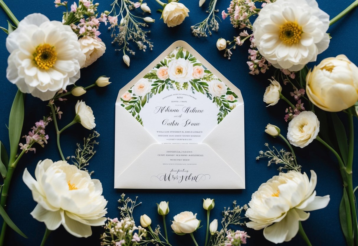 A beautifully decorated envelope with a wedding invitation inside, surrounded by delicate floral arrangements and elegant calligraphy