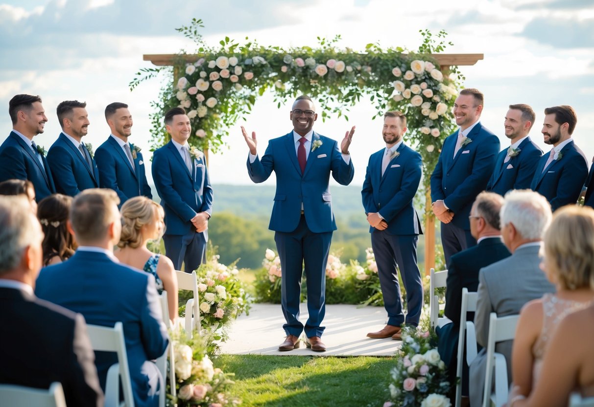 A celebrant stands in front of a group, leading a ceremony in a beautiful outdoor setting with flowers and greenery