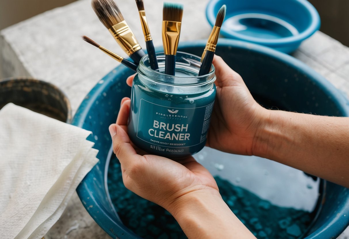 A hand holding a jar of brush cleaner with dirty paintbrushes soaking in it, surrounded by paper towels and a water basin