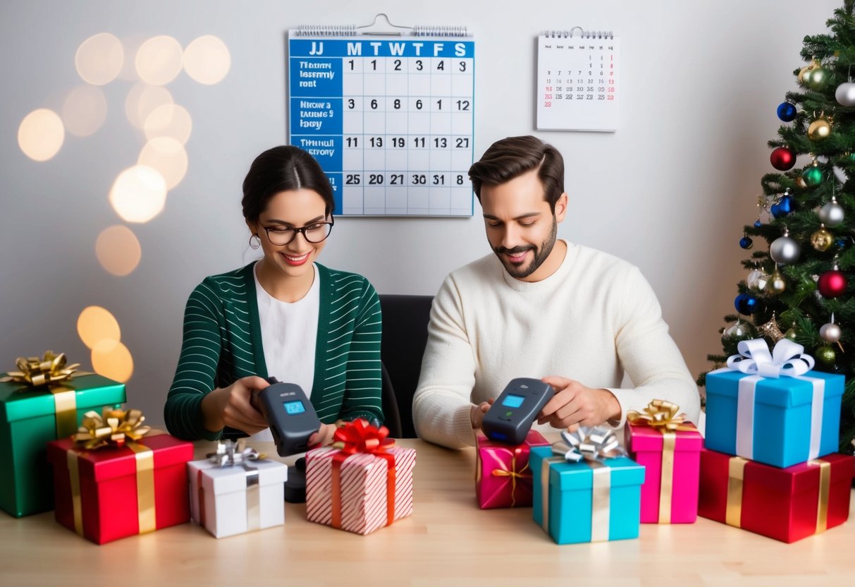 A couple sits at a table, surrounded by gifts and scanning items with a barcode scanner. A calendar on the wall shows the current date with various dates circled in advance