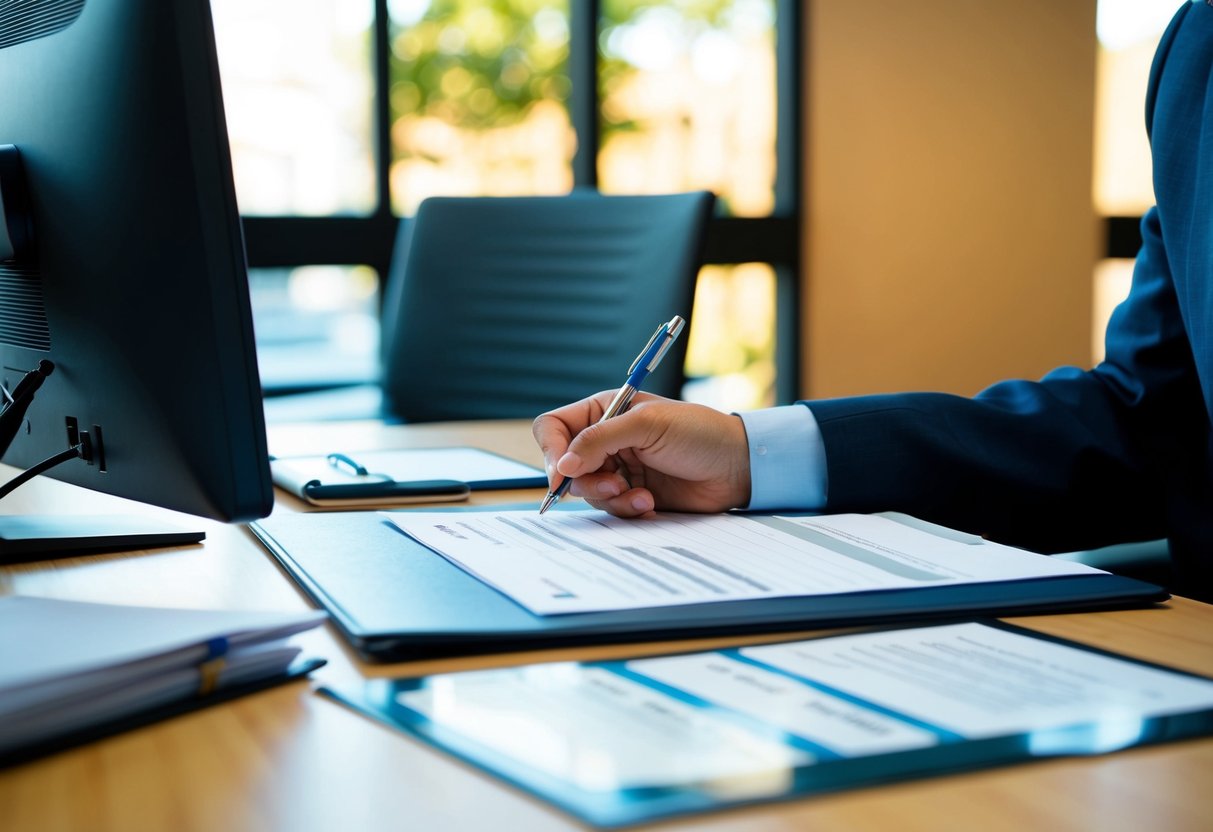 A person filling out a registration form at a desk with a computer and official documents