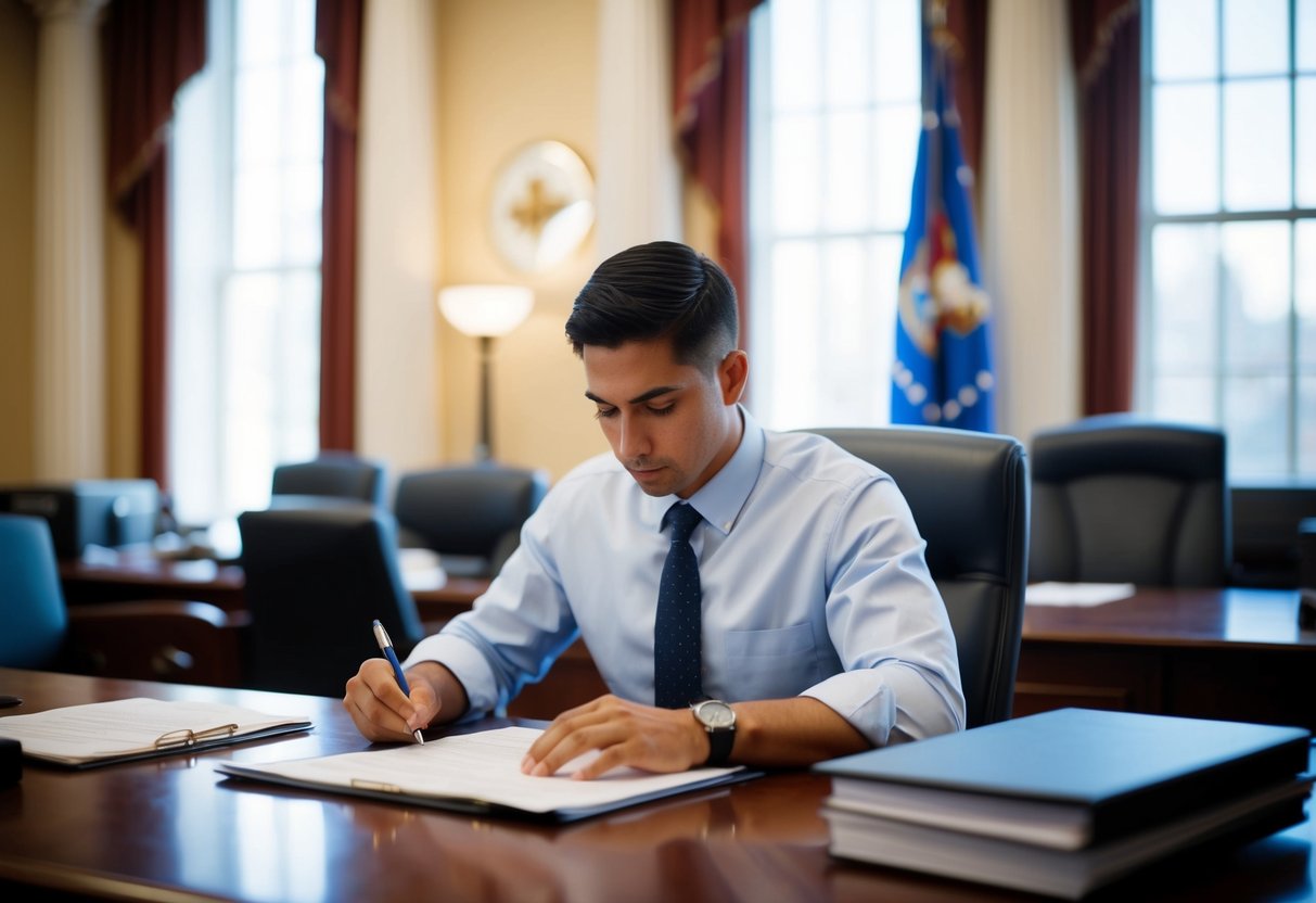 A person filling out paperwork at a desk in a government office