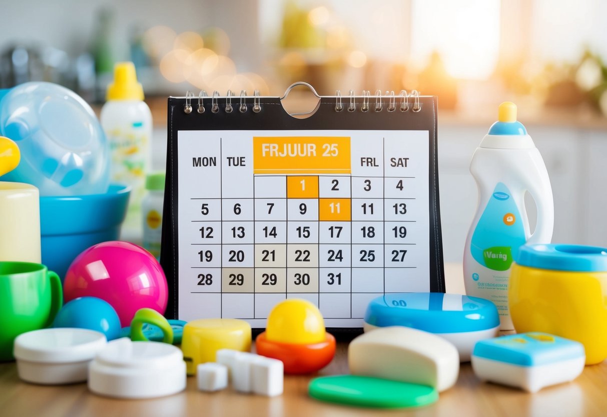A calendar with a highlighted date, surrounded by various household items and baby products